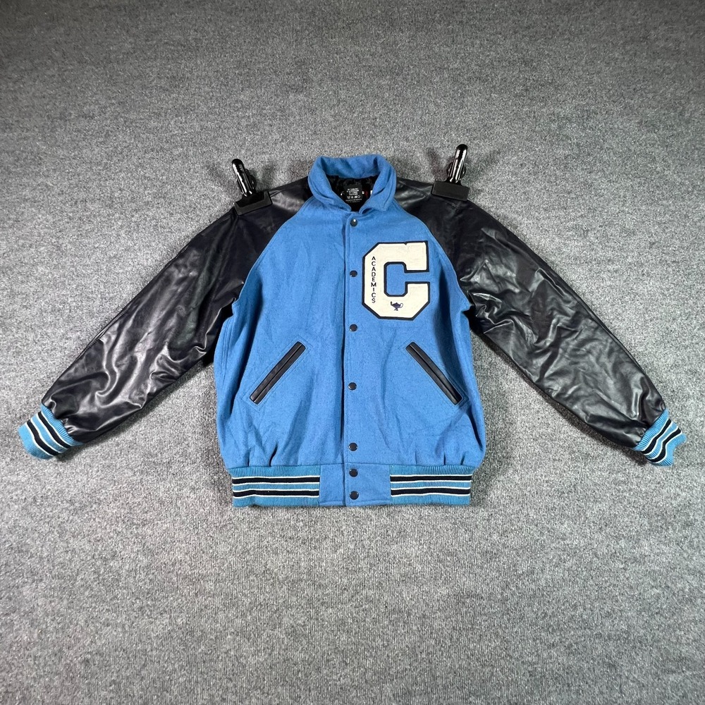Powers Varsity Jacket Mens Medium Blue Snap Front Faux Leather Sleeve Casual